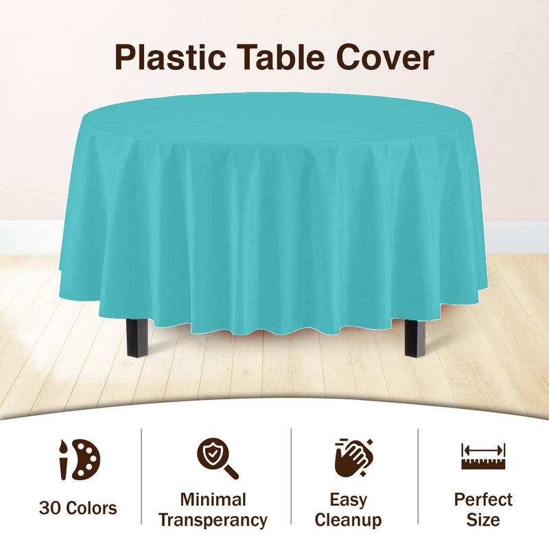 Party Solids 6-Pack Premium Plastic Tablecloth 84in. Round Plastic Table Cover - Aquaâ€¦ - Image 3